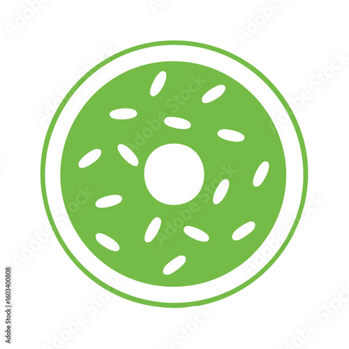 Green Donut with White Frosting and Sprinkles, Food Illustration, Graphic Design, Circular Treat Design, Simple, Round