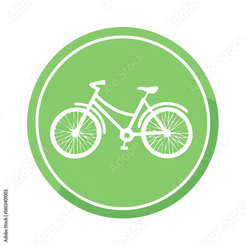 White bicycle silhouette within a green circular icon represents eco friendly transportation and recreation