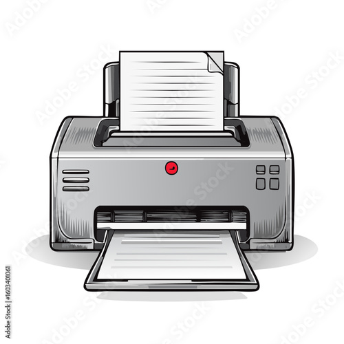 Inkjet printer illustration dispensing printed sheets, office equipment, paper sheets, business machine