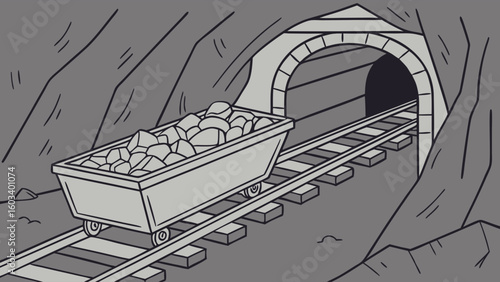 Mine Cart Filled with Ore on Tracks Entering Tunnel.