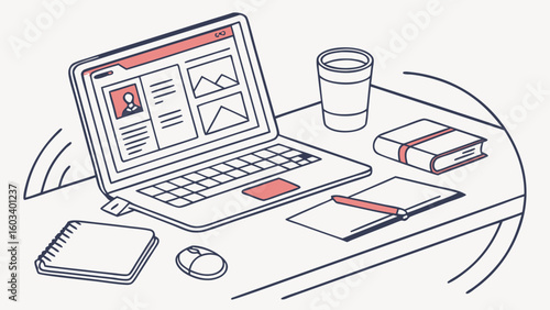 Modern Workplace Setup Laptop Notebook and Coffee.