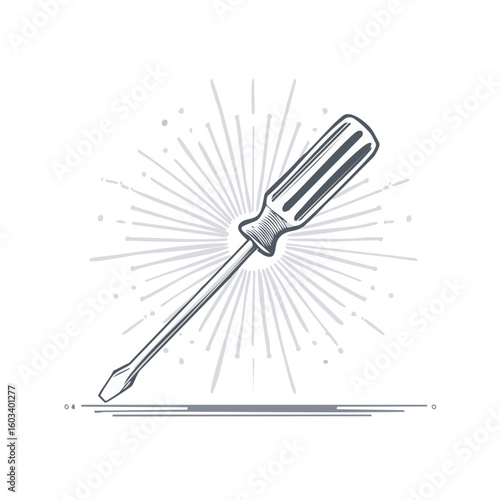 Detailed Illustration of a Flathead Screwdriver with Sunburst Design for DIY and Home Improvement Projects