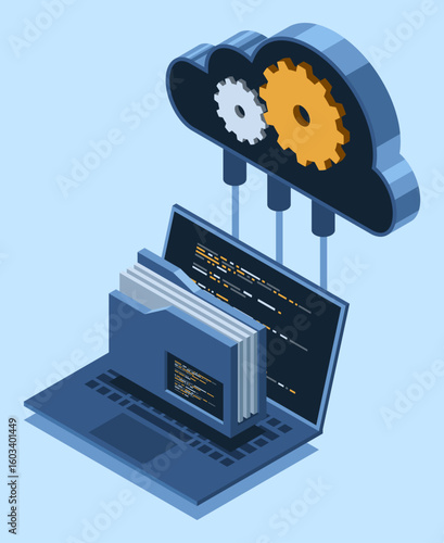 Isometric cloud storage concept with laptop. Cloud technology with folder and laptop. Isometric computer file transfer. Isometric technology