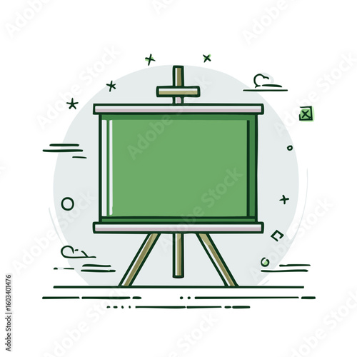 Presentation easel board with green screen and sketched icons for advertising media