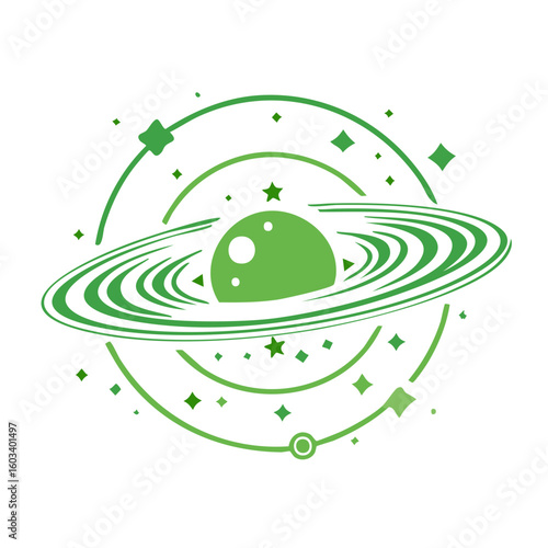 Green planet with ring system and stars, vector illustration, cosmic celestial body surrounded by stardust decoration