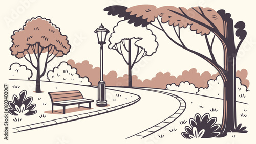 Park Scene with Trees Bench and Lamp Post.