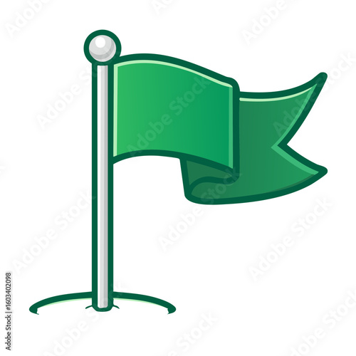 Waving green flag icon attached to a pole with rounded base, vector illustration on an isolated background