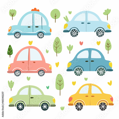 Cute childish cars. Vector kid cute doodle set.