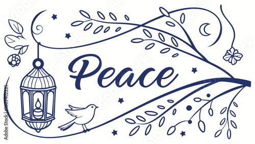 Peace Illustration with Bird Candle Lantern Branches Moon and Stars.