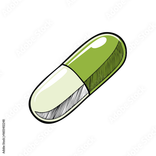 Hand-Drawn Green and White Capsule Pill Illustration for Healthcare and Medical Concepts