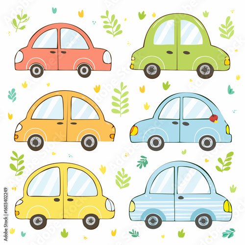 Cute childish cars. Vector kid cute doodle set.
