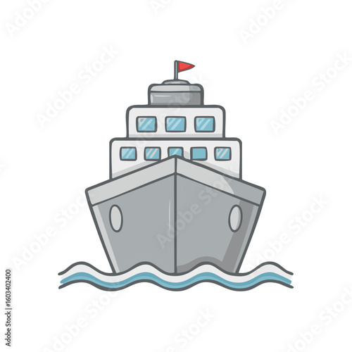 Cruise Ship, Cartoon Style Illustration of Ocean Liner on Water, Ferry Boat, Gray and Blue