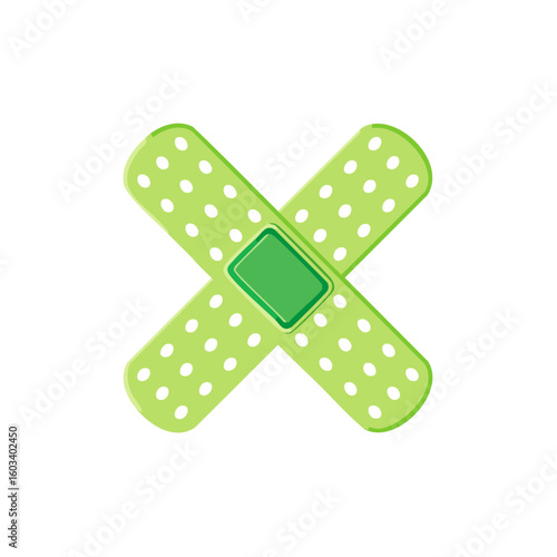 Crossed green adhesive bandages illustration for medical care or wound first aid