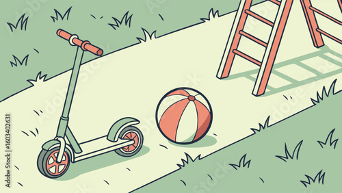 Playful Scene Featuring a Scooter Ball and Ladder Illustration.