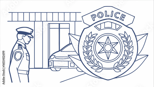 Police Officer Standing by Police Car and Badge Illustration.