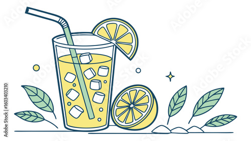 Refreshing Lemon Iced Tea with Straw.