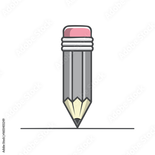 Simple Graphic of a Gray Lead Pencil with Pink Eraser Drawing a Straight Line on White