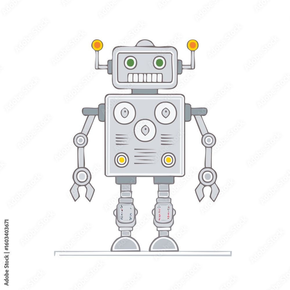 Fototapeta premium Cheerful Toy Robot with Claws and Antennae Lights Standing in a Cartoon Style