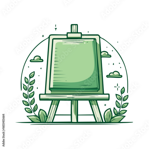 Artist's Easel with Green Frame and Decorative Vegetation Illustration for Artistic Creative Ventures