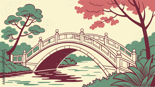 Serene Arch Bridge in a Tranquil Garden Setting.