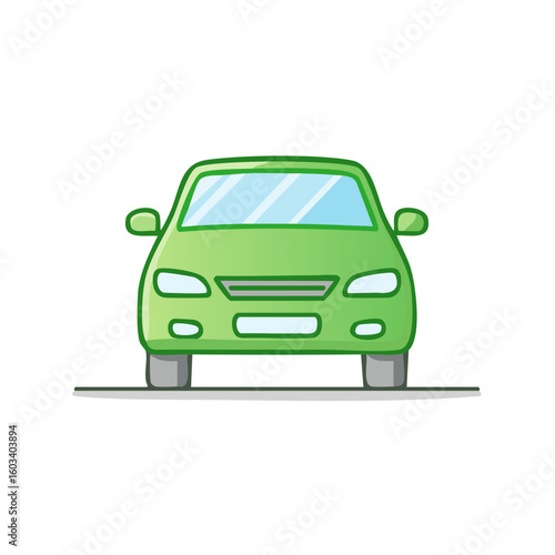 Cartoon style green car illustration; front view with windshield, headlights, tires, bumper and simple details on a white background.
