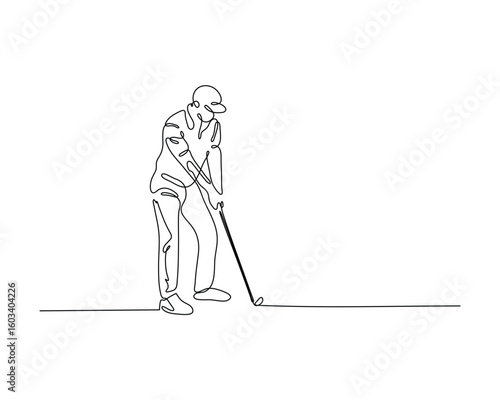 Minimalist one-line drawing of a golfer preparing to hit. Vector sketch suitable for sport, hobby, and outdoor activity themes.