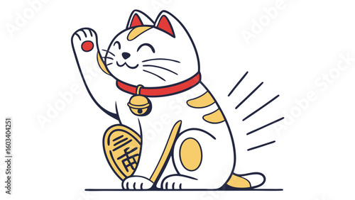 Smiling Maneki Neko Cat with Raised Paw and Bell.