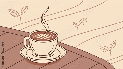 Steaming Latte Art in a Coffee Cup on Wooden Table.