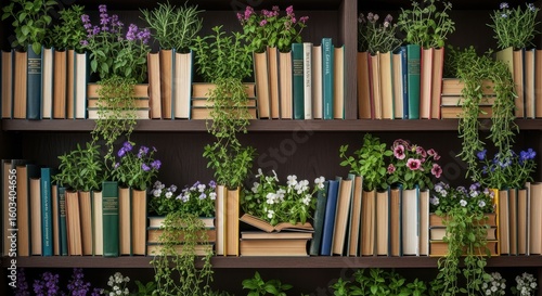 Bookshelves filled with plants and flowers in pots and open books bookshelf indoor plants