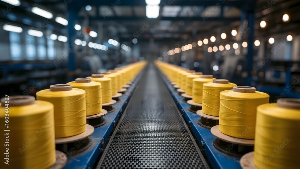 Fototapeta premium Yellow spools on conveyor belt industrial manufacturing