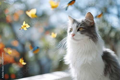 fluffy cat perched on windowsill intently observing colorful birds playing in garden outside