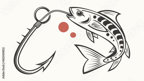 Stylized Fish Hooked Black and White Illustration with Red Accents.