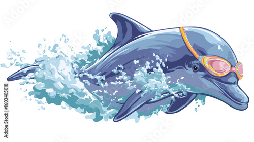 A playful blue dolphin gleefully bursts through a wave of water, sporting stylish pink goggles, exuding joy and aquatic fun.