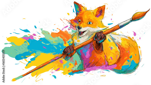 An artistic fox cheerfully holds a paintbrush, amidst vibrant paint splatters. A whimsical depiction of creativity and artistic expression.