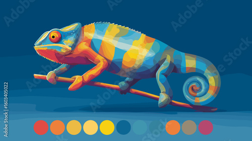 Colorful chameleon perched on a twig, blending vibrant blues, oranges, and yellows in an illustration against a blue background.