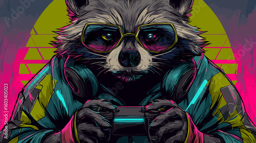 A raccoon, sporting sunglasses and headphones, intensely plays a video game with a glowing controller. The background is retro art style.