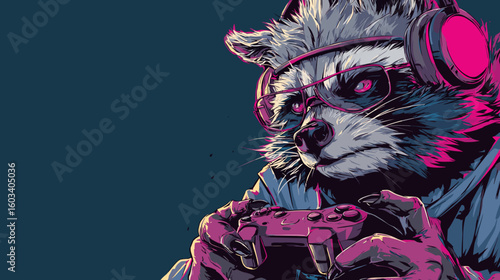 A raccoon engrossed in gaming, sporting headphones and glasses, showcasing an intense and modern graphic novel style illustration.