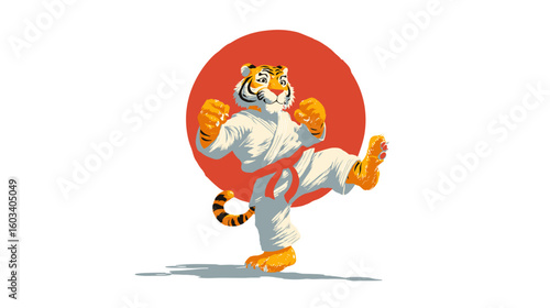 Furry martial artist tiger in a white gi is doing a karate kick with a red circle in the background on a black background. 