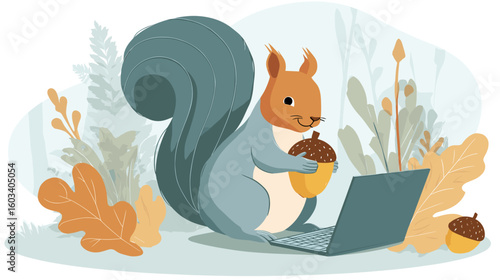 An illustrated squirrel is using a computer. It is holding an acorn while surrounded by plants and another acorn.