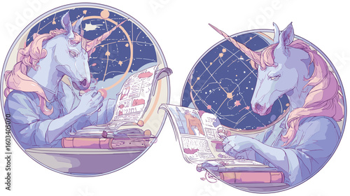 Two framed portraits feature unicorn-human hybrids reading papers against starry backgrounds, embodying fantastical academia and scholarly pursuits. 