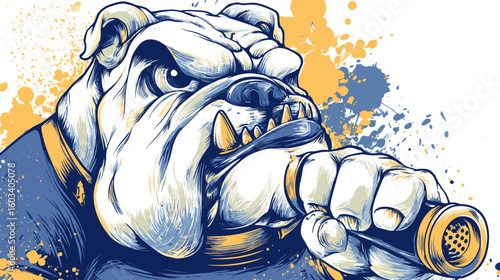 An illustration of a stylized bulldog gripping a motorcycle handlebar, set against a background of yellow and blue splatters. 