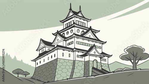 Stylized Illustration of a Traditional Japanese Castle.