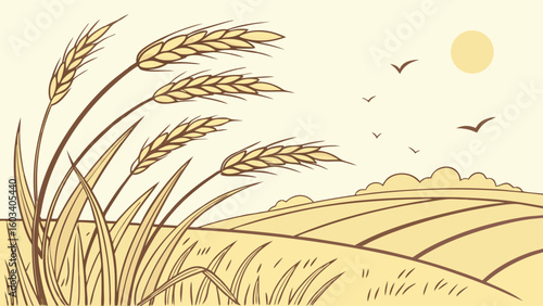 Stylized Illustration of Wheat Field with Birds and Sun.