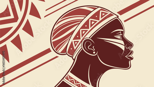 Stylized Profile of Woman with Tribal Headdress and Geometric Sun.