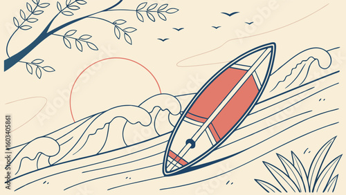 Stylized Surfboard on Waves with Sun and Foliage Illustration.