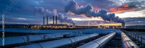 Geothermal power plant generating steam against a twilight sky