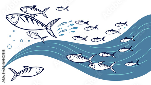Stylized School of Fish Swimming in Flowing Water.