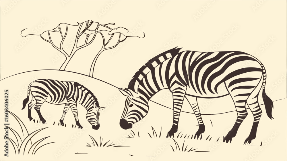Obraz premium Stylized Zebra Family Grazing in African Savanna.