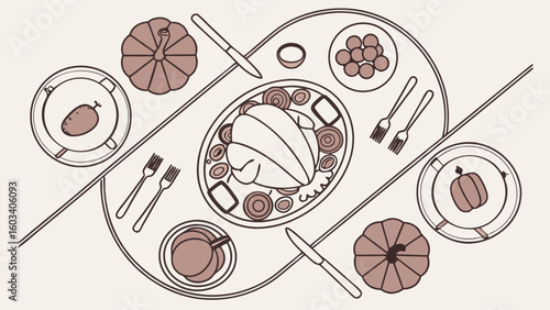 Thanksgiving Dinner Tabletop Roasted Turkey with Pumpkins and Side Dishes.