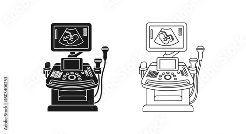 Two ultrasound machines displaying fetal images in black and white outline style